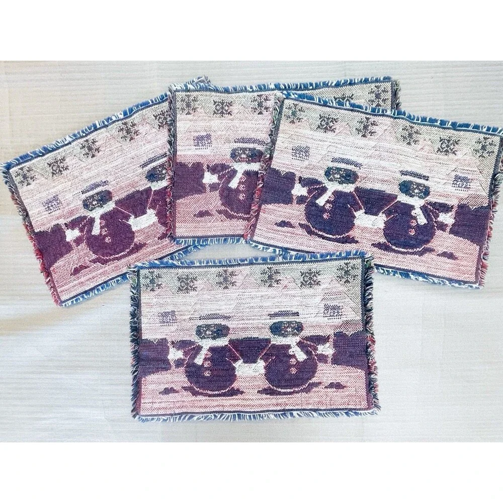 Snowman Tapestry Placemats Set of 4 Fringe Edges Winter Christmas Decor 17.5